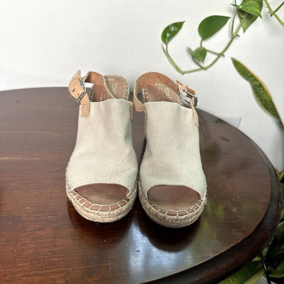 TOMS Women's Wedge Sandals 8.5 Natural Canvas Espadrille Peep Toe Heels Beige - Picture 3 of 11